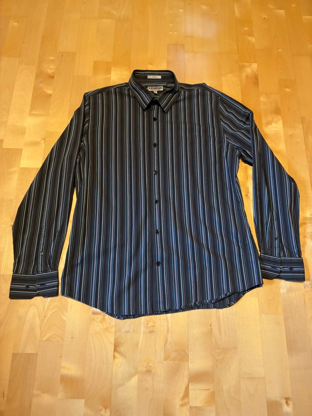 Express Men's Black Shirt with Blue and Gray Stripes